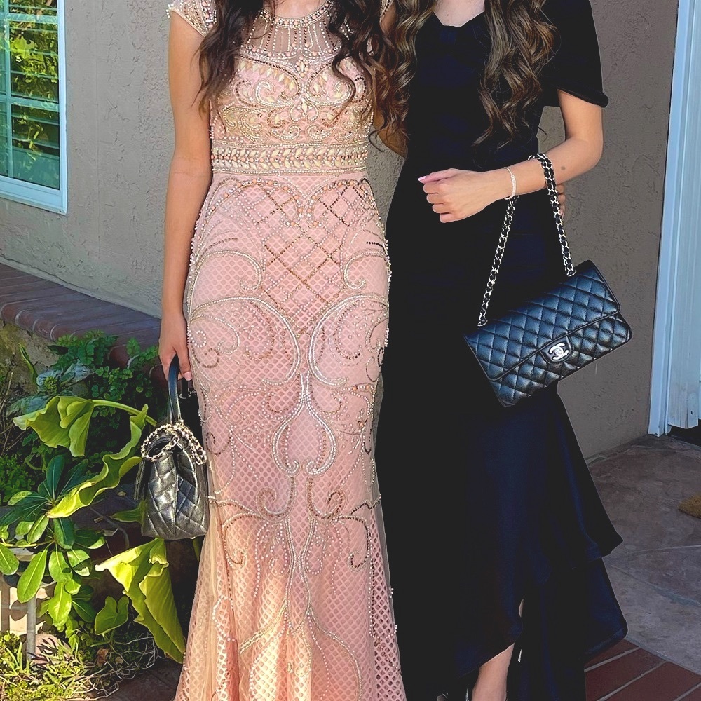 Peach Pink Beaded Sequin Formal Evening Gown